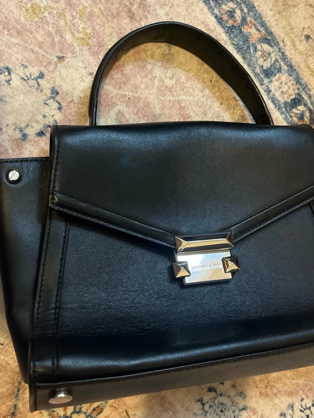 Michael Kors Black Leather Shoulder Bag with Silver-Tone Lock